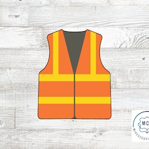 May include: Orange and yellow safety vest cookie cutter.  The vest has reflective strips and a zipper.  Mike's Cookie Cutters logo is in the lower right corner.