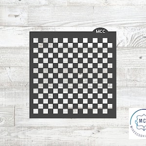 May include: Black and white checkered stencil for cookie decorating. The stencil is made of durable plastic and is reusable. It is perfect for creating a checkered pattern on cookies, cakes, and other desserts. The stencil is labeled "MCC" in the top right corner.