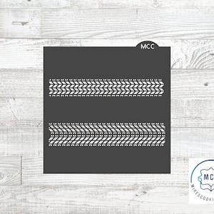 May include: A black and white stencil with two tire tread designs. The stencil is labeled "MCC" in the top right corner and "Mike's Cookie Cutters" in the bottom right corner.