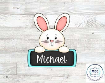Op de afbeelding: Een wit konijn met roze oren kijkt over een turquoise bord met de naam "Michael" in wit. Het bord is op een witte houten achtergrond.