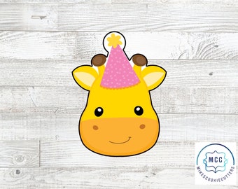 May include: A yellow giraffe cookie cutter with a pink party hat. The giraffe has a smiling face and large, round eyes. The cookie cutter is perfect for making birthday treats.