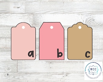 May include: Three pink and brown blank gift tags with scalloped edges. The tags are labeled with the letters a, b, and c.