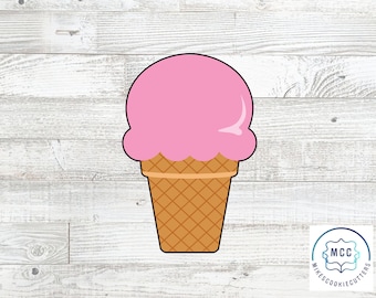 May include: Pink and brown ice cream cone cookie cutter.  The cutter is shaped like a traditional ice cream cone with a pink ice cream scoop on top.