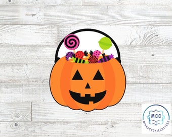 Autumn Spooky Trick or treat girl. Halloween Candy Pumpkin Pail with bow cookie cutter Fall