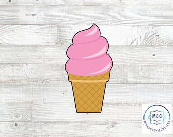 May include: Pink and white ice cream cone cookie cutter. The ice cream is a swirl shape and the cone is a waffle cone.