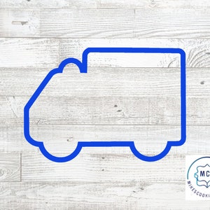 May include: Blue plastic cookie cutter shaped like a delivery truck. The cutter is on a white wood background.  Mike's Cookie Cutters logo is in the bottom right corner.