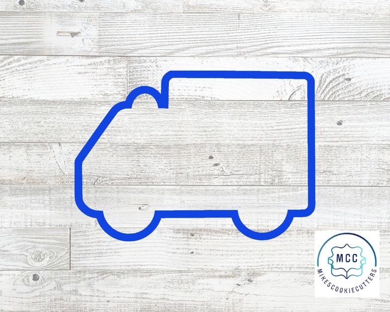 May include: Blue plastic cookie cutter shaped like a delivery truck. The cutter is on a white wood background.  Mike's Cookie Cutters logo is in the bottom right corner.