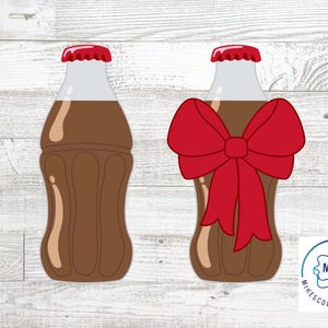 May include: Two brown soda bottle-shaped cookie cutters. One has a red cap, the other has a red bow. The bottles have a light brown outline and a darker brown interior. The background is a light wood grain.