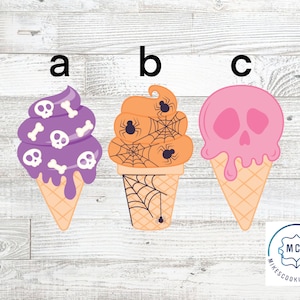 May include: Three Halloween-themed ice cream cone designs. The first is purple with skulls and bones, the second is orange with spiders and webs, and the third is pink with a skull. All have waffle cone bases.