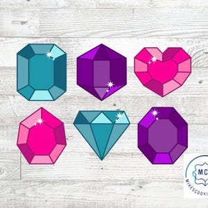 May include: Six colourful gemstone designs in teal, purple, and pink. The gemstones are various shapes, including rectangular, hexagonal, heart-shaped, and diamond-shaped. Each gem has a sparkling highlight. The image is on a light wood background.
