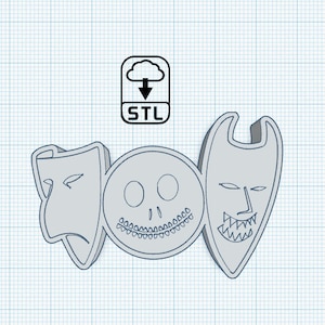 May include: Three 3D printed masks, one with a sad expression, one with a neutral expression, and one with a scary expression. The masks are printed in a light gray color.