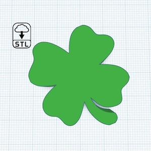 May include: A green four-leaf clover shape, a lucky charm, for a 3D printed design.
