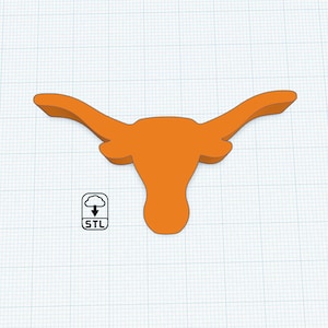 May include: Orange 3D printed model of a bull's head with large horns. The model is on a white grid background. STL download icon is in the lower left corner.