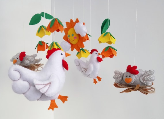 Chicken Baby Mobile, Farm Nursery Decor, Felt Chickens and Flowers