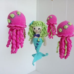 Mermaid and jellyfish mobile, Crochet mobile, Mermaid nursery decor