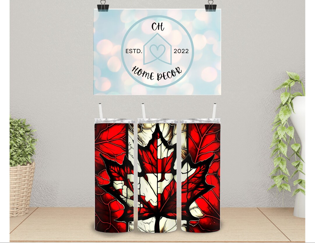Stained Glass Canadian Flag Tumbler, Tumbler With Straw, 20 Oz Skinny