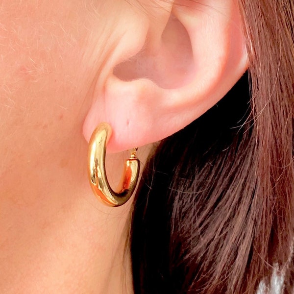 Little 5mm Chunky Gold Tube Hoops - Small Wide Hoop Earrings - Big Thick Gold Hoops - Modern Minimalist Lever Back Retro Tube Hoop Earrings