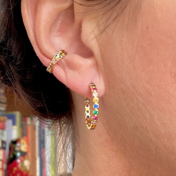 Gorgeous Sterling Silver Rainbow CZ Hoop Earrings - Elegant High Quality Gold Multicolor Crystal Hoops for Women - Colorful Refined Style