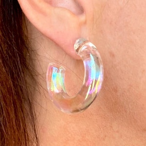 Holographic Clear Acrylic Hoop Earrings - AB Galaxy Coated Transparent Hoops - Iridescent Shimmer Thick Chunky Round Clear Hoop Earrings