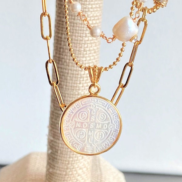 Mother of Pearl Coin Necklace Saint Benedict Medal Religious Necklace Coin Pendant with Fine Italian Bead Chain Gold Filled Sterling Silver