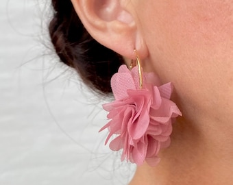 Fabric Flower Hoop Earrings - Handmade Gold Hoops with Pink Floral Puff - White Flower Earrings - Simple Minimalist Fun Lightweight Jewelry