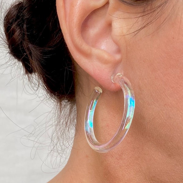 Galaxy Clear Acrylic Hoop Earrings - AB Luster Clear Lucite Hoops - Luminous Shimmer Resin Earrings - Minimalist Simple Lightweight Handmade