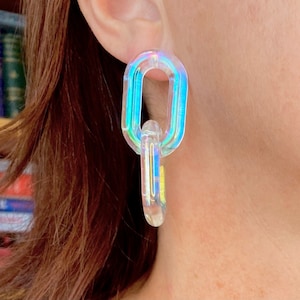 Iridescent Clear Acrylic Link Earrings - Large Lucite Holographic Shimmer Chain Hoops - AB Coated Transparent Resin Big Statement Stud Hoop