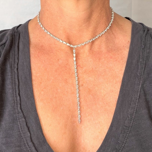 Y Neck Choker Silver Necklace - Pear Shaped CZ Diamond YNeck Necklace - Long Lariat Crystal Choker for Wedding Party Fancy Events - New 2023