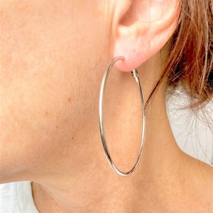 Classic Thin Hoop Earrings in Gold Silver Rose Gold or Gunmetal/Black Gold 316L Surgical Stainless Steel Hypoallergenic 2.4" Basic Big Hoops