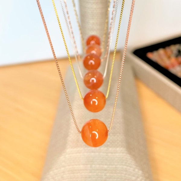 Real Carnelian Crystal Necklace 10mm Red Carnelian Bead Choker with Crystal Quartz or Citrine on Sterling Silver Slide Adjustable Chain