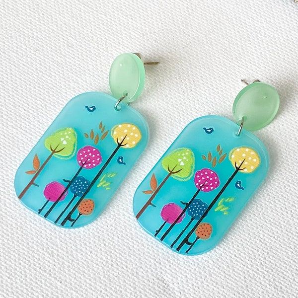 Painted Woodland Forest Earrings - Blue Green Trees Earrings - Acrylic Resin Boho Dangle Earrings - Baby Shower - Spring Summer Jewelry 2023