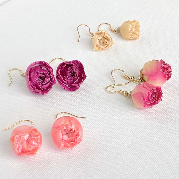 Real Mini Rosebud Earrings in Pink, Purple-Red, White - Tiny Roses Drop Earring Gold Wire - Little Genuine Dried Rose Bud Dangle Earrings