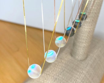 Angel Aura Quartz Necklace Moon Glow Blue or Iridescent White Mermaid Crystal Quartz Necklace 10mm Bead on Gold, Silver, Rose Gold, Gunmetal