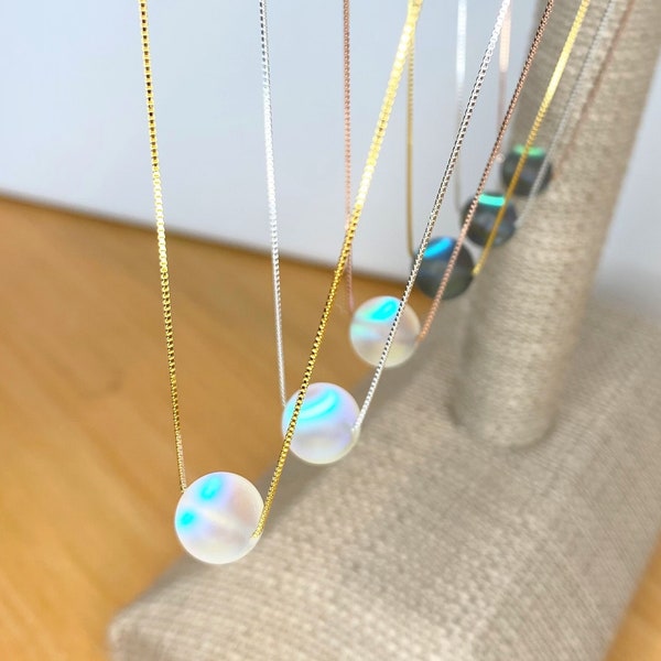 Angel Aura Quartz Necklace Moon Glow Blue or Iridescent White Mermaid Crystal Quartz Necklace 10mm Bead on Gold, Silver, Rose Gold, Gunmetal