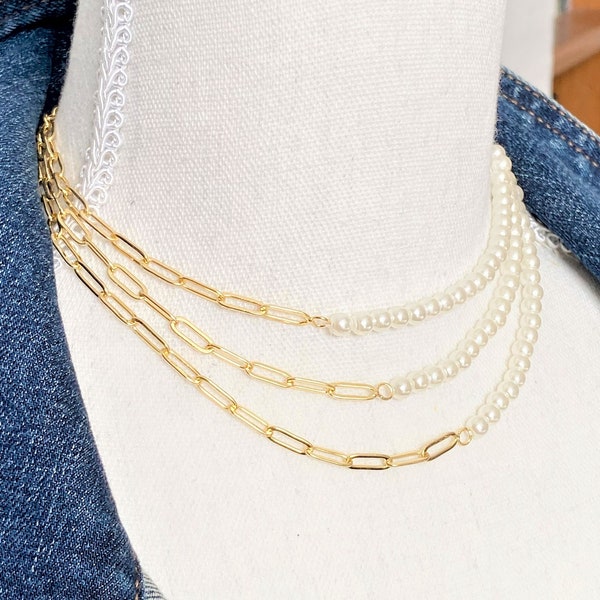 Half and Half Pearl Gold Paperclip Chain Necklace - Half Shell Pearl Half Gold Chain Choker - 14 15 16 Inch Adjustable Choker Necklace 2023