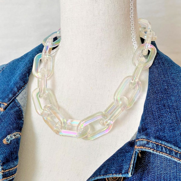 Collier épais en résine transparente irisée - Collier holographique à maillons en acrylique transparent - Collier chaîne en Lucite épaisse avec revêtement Galaxy AB 2023