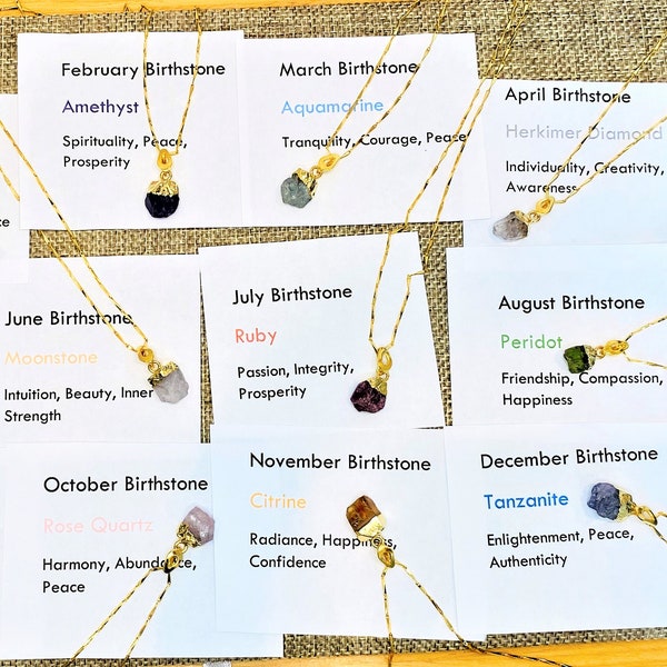 Gold Dipped Raw Birthstone Necklace Raw Gemstone Pendant Birth Month Charm in Genuine Pearl, Emerald, Ruby, Sapphire, Tanzanite, Peridot