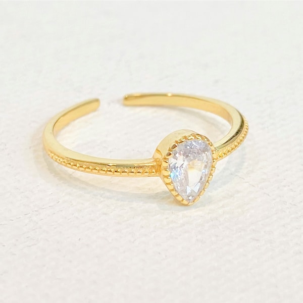 Pretty Pear Shape Gold Travel Ring - Teardrop CZ "Diamond" Fake Engagement Ring - Adjustable Band Sterling Silver Faux Engagement Ring