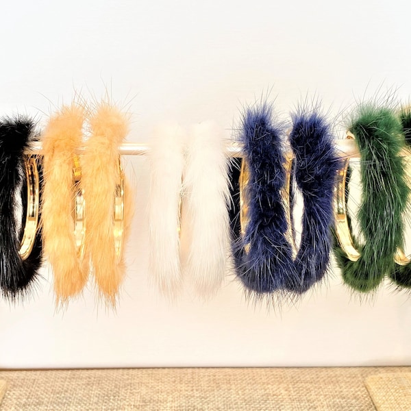 Large Fur Hoop Earrings 2" Gold Hoops with Faux Mink Fur in Blue Green Blonde White or Black - Funky Statement Earrings Big Fur Earrings