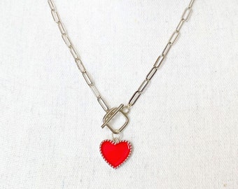 Red Enamel Heart Toggle Necklace Silver Front Close Red Heart Pendant on Rectangle Link Paperclip Chain Love Heart Jewelry Gift for Women