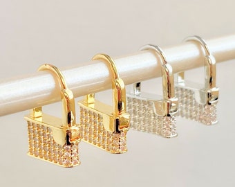 Gold Lock Huggie Hoop Earrings - Little Silver Lock Earring - Pretty Modern Minimalist Simple Padlock Earring - Cartilage + Earlobe New 2023
