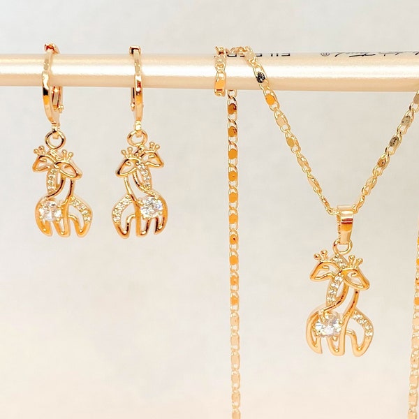 Hugging Giraffes LOVE Necklace Earrings SET - Gold CZ Diamond Giraffe Earrings - Necks Intertwined Swan Giraffe - Valentines Gift for Women