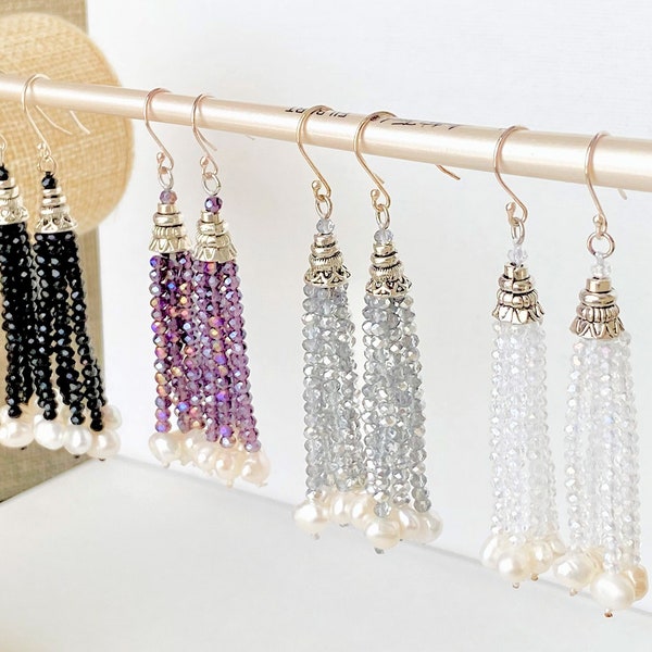 Crystal Fringe Earrings - Pearl Tassel Earrings - Silver Fringe Earrings - Boho Wedding Earrings - Boho Bridal Party - White Purple Black