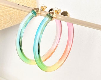 Big Rainbow Acrylic Hoop Earrings - Ombre Blue Green Yellow Orange Pink Color Fade Statement Hoops w Gold Hardware - Boho Hippie Resin Hoops