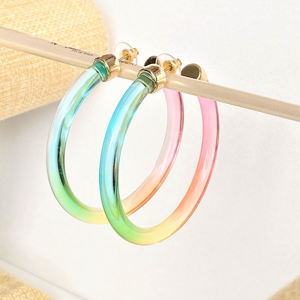 Big Rainbow Acrylic Hoop Earrings - Ombre Blue Green Yellow Orange Pink Color Fade Statement Hoops w Gold Hardware - Boho Hippie Resin Hoops