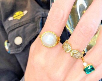 Anello da cocktail con perle a bottone autentico Anello con perle bianche d'acqua dolce grande Anello in argento dorato 18 carati Pietra di nascita di giugno, regalo per il 30° anniversario