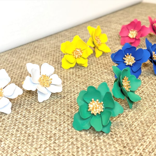 Big Flower Earrings Large Resin Flower Stud Earrings in White Green Yellow Blue Pink Red - Bright Colorful Floral Summer Statement Earrings