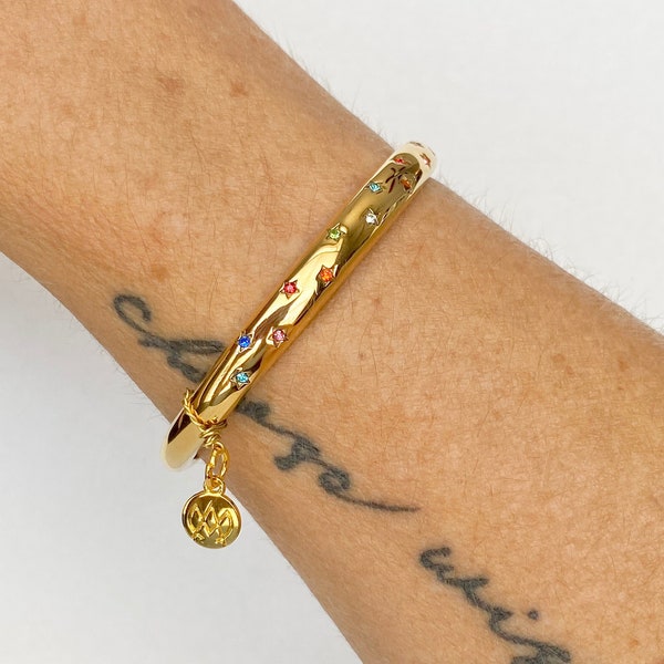 Gold Crystal Cuff Bracelet w Star Pattern, Dangle Charm - Multicolor Rainbow or Clear Crystal Celestial Open Cuff Gold Bangle Bracelet New