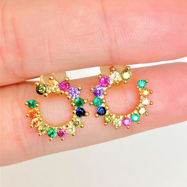 Colorful Crystal Circle Stud Earrings - Multicolor Pretty Rainbow Crystal Front Facing Hoop Earrings - Minimalist Fun Party Jewelry NEW 2024