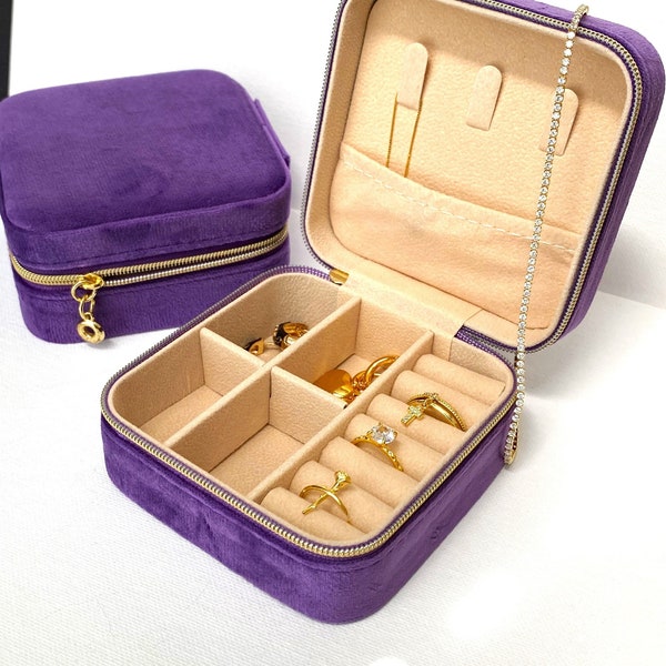 Purple Velvet Small Jewelry Box - Velvet Travel Jewelry Box with Gold Hardware - Zip Close Plush Jewelry Case Perfect Gift Stocking Stuffer
